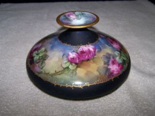 Squat Vase Hand Painted with Gold Rim Pink Purple Roses
