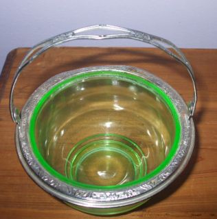  Uranium Vaseline Glass Basket Bowl with Silver Metal Rim and Handle