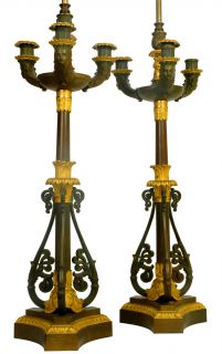 Pair Antique Dore Patinated Bronze Candelabra Lamps