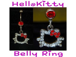 Kitty Navel Naval Belly Button Ring with Rhinestones Red Bow