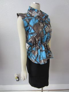 Madison Marcus  Blue Gray Abstract Print Funnel Silk