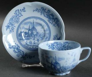 Johnson Brothers Tulip Time Blue (Blue Background) Flat Cup & Saucer Set, Fine C