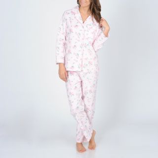 La Cera Womens Pink Floral Print Flannel Pajama Set (PinkFloral printNotch collar necklineUnlinedLong sleevesButton front shirt closurePull on pants with drawstring closureThe approximate length from the top center back to the hem is 26 inches. The measur