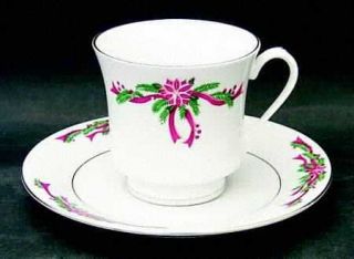 Fairfield Poinsettia & Ribbon Footed Cup & Saucer Set, Fine China Dinnerware   P