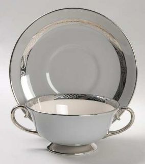 Flintridge Bridal Wreath Gray (Rim) Footed Cream Soup Bowl & Saucer Set, Fine Ch
