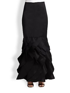 Tadashi Shoji Long Taffeta Ruffle Bottom Skirt   Black
