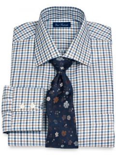 Paul Fredrick Mens 2 Ply Cotton Textured Grid Spread Collar Dress Shirt