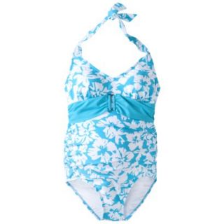 Womens Maternity Tie Neck Belted One Piece Swimsuit   Turquoise/White XS