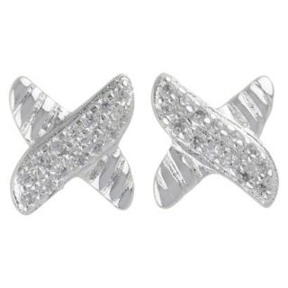 Womens Silver Plated Button Earrings X Shape with Pave Cubic Zirconia and Rope