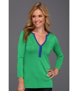 Anne Klein Petite 3/4 Sleeve Contrast Neck Tunic Womens Sweater (Green)