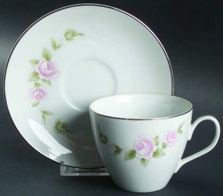 Style House Tudor Rose Flat Cup & Saucer Set, Fine China Dinnerware   Pink Rose,