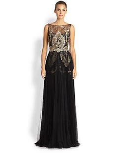 Notte by Marchesa Pleated Lace & Tulle Gown   Black