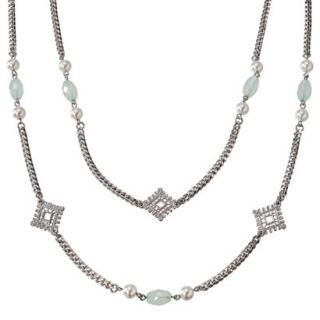 Womens Two Strand Diamond Crescent Long Necklace   Silver/White/Jade