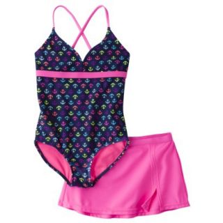 Xhilaration Girls Anchor 1 Piece Swimsuit and Cover Up Skirt Set   Blue/Pink M