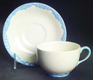 Johnson Brothers English Oak (Light Blue Embossed Edge) Flat Cup & Saucer Set, F
