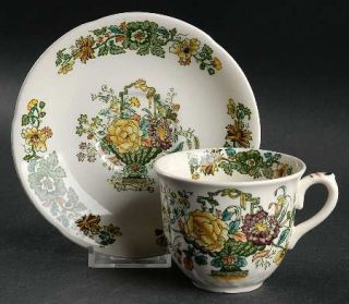 Masons Strathmore Green/Multicolor Flat Cup & Saucer Set, Fine China Dinnerware