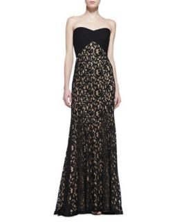 Womens Strapless Lace Gown, Black/Nude   Tadashi