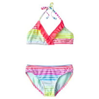 Xhilaration Girls 2 Piece Halter Striped Bikini Swimsuit   Rainbow L