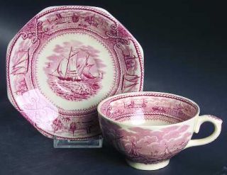 Masons American Marine Pink (Scalloped) Flat Cup & Saucer Set, Fine China Dinne