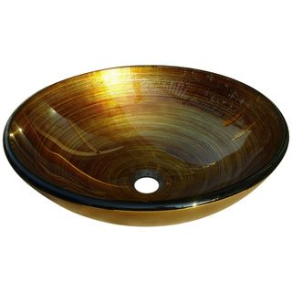Gold/ Orange Glass Sink Bowl (Gold/orangeDimensions 5.75 inches high x 17.72 inch diameterFaucet setting Vessel fillerGlass thickness 0.5 inchesMaterial Tempered glassPop up drain included YesDrain hole diameter 1.75 inchesDrain finish ChromeThe di