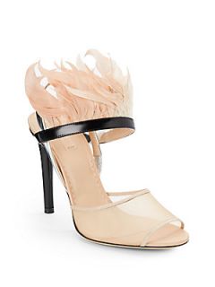 Feather Trimmed Leather & Mesh Slingbacks   Nude Black