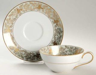 Noritake 5486 Flat Cup & Saucer Set, Fine China Dinnerware   Gold Flowers & Leav