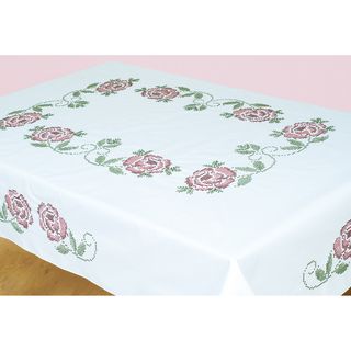 Stamped White Table Cloth 50x70 xx Roses (White, purpleModel 551 411Materials 50 percent cotton/50 percent polyesterDimensions 50 inches high x 70 inches wide  )