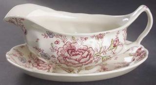 Johnson Brothers Rose Chintz Pink (England 1883 Stamp) Gravy Boat & Underplate