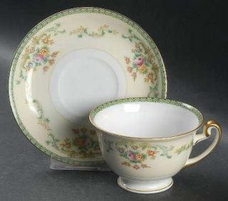 Meito Mei81 Footed Cup & Saucer Set, Fine China Dinnerware   Green Edge,Tan&Gree