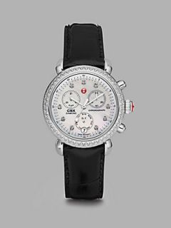 Michele Watches Diamond Stainless Steel Chronograph Watch/Black Alligator Strap