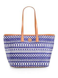 Tory Burch Striped Woven Straw Tote   Navy