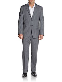 Two Button Striped Wool Suit   Grey