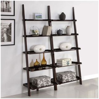 Walnut Five tier 2 piece Leaning Ladder Shelf Set (WalnutEach shelf overall dimensions 25 inches wide x 17 inches deep x 72 inches highCombined 2 shelves dimensions 50 inches wide x 17 inches deep x 72 inches highAssembly Required )