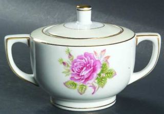 Fuji Rosette Sugar Bowl & Lid, Fine China Dinnerware   Cream Rim, Pink Rose On W