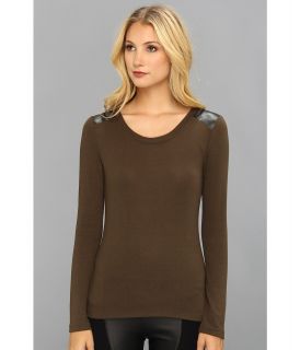 Gabriella Rocha Faux Leather Shoulder Top Womens Long Sleeve Pullover (Olive)