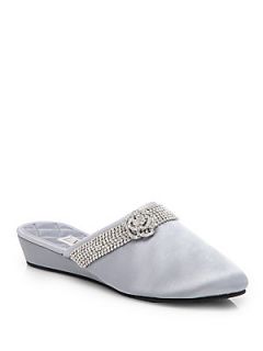 LMN / Luxe Me Now Camellia Embellished Silver Satin Slippers   Silver