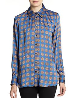 Medallion Printed Button Front Blouse   Blue