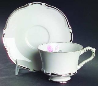 Grace Elegante Footed Cup & Saucer Set, Fine China Dinnerware   Pink Rose Center