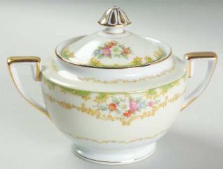 Noritake Roberta Sugar Bowl & Lid, Fine China Dinnerware   Green Edge,Floral & G