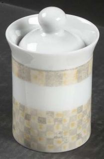 Dansk Checkar Sugar Bowl & Lid, Fine China Dinnerware   Gray/Yellow Geometric Sq