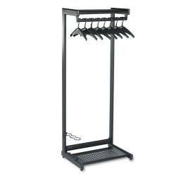 Quartet Black Garment Rack With Two Shelves (BlackSingle sidedTwo shelf garment rackStand aloneDimensions 61.5 inches high x 24 inches wide x 18.5 inches deepHanging capacity 3 umbrellas, 8 garments, boots, hatsNumber of hangers Eight (8)Materials Pow