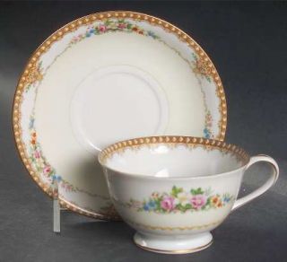 Wentworth Adela Footed Cup & Saucer Set, Fine China Dinnerware   Floral,Tan Scro