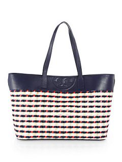 Tory Burch Multicolored Woven Soft Straw Tote   Navy