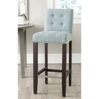 Safavieh Thompson Sky Blue Barstool (Sky blueIncludes One (1) stoolMaterials Iron, birch wood and polyester blend fabricFinish EspressoSeat dimensions 16.7 inches width and 14.8 inches depthSeat height 30 inchesDimensions 40.6 inches high x 16.7 inc