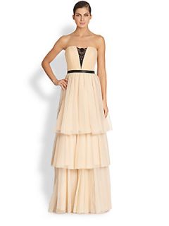 Badgley Mischka Lace Inset Strapless Tulle Gown   Blush