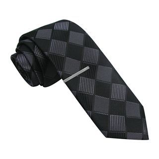 JF J.Ferrar JF J. Ferrar Black Grid Tie w/ Tie Bar, Black, Mens