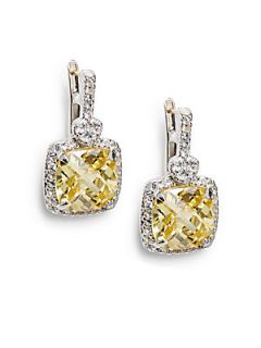 White Sapphire Framed Sterling Silver Yellow Cushion Earrings   Yel