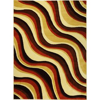 Hand carved Geometric Waves Red/ Brown Area Rug (53 X 72)