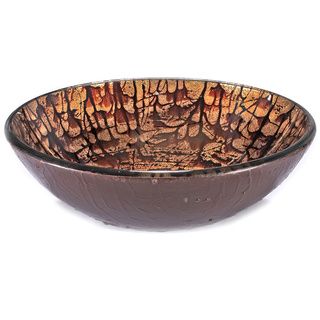Brown/ Tan Splatter Glass Sink Bowl (Brown/tanDimensions 5.75 inches high x 17.72 inch diameterFaucet setting Vessel fillerGlass thickness 0.5 inchesMaterial Tempered glassPop up drain included YesDrain hole diameter 1.75 inchesDrain Finish ChromeT