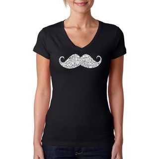 Los Angeles Pop Art Womens Moustache Black V neck T shirt (100 perent cotton Machine washableAll measurements are approximate and may vary by size. )